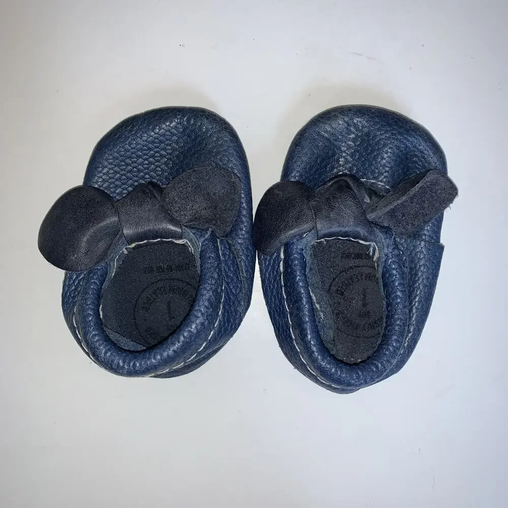 Freshly Picked Toddler Shoes Size 1 Blue Leather Bow Moccasins
